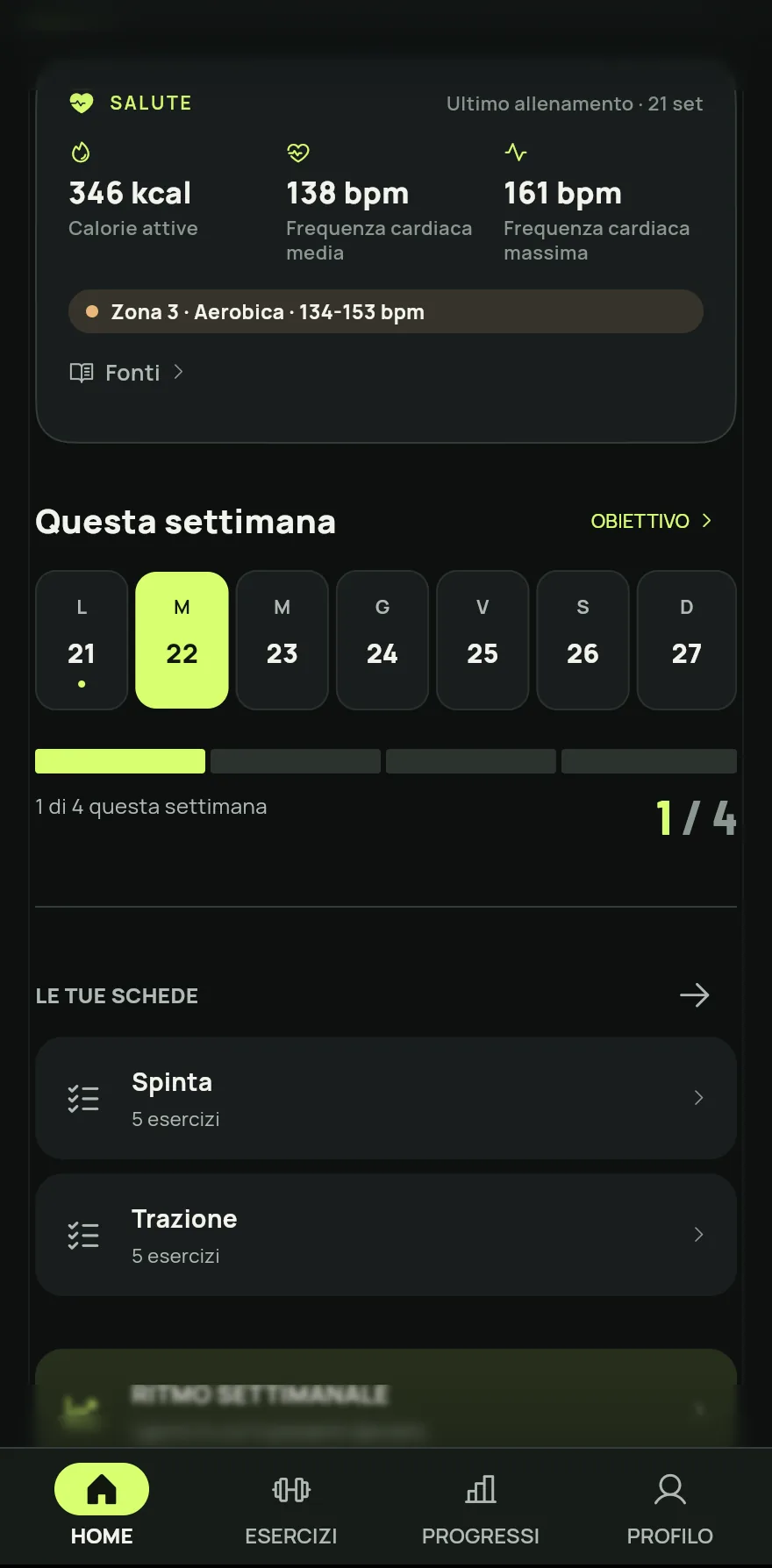 Nella schermata Home, scorri fino a Questa settimana. La barra mostra quanti giorni ti sei allenato e qual è l’obiettivo, per esempio 2 su 4 questa settimana.