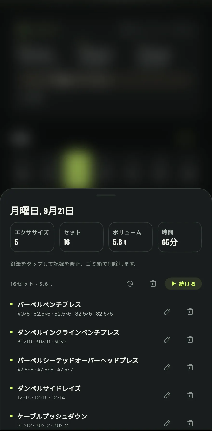 日をタップします。シートに日付と、エクササイズ、セット、ボリューム、時間 の合計が表示され、その下に各種目のセットと重量が並びます。