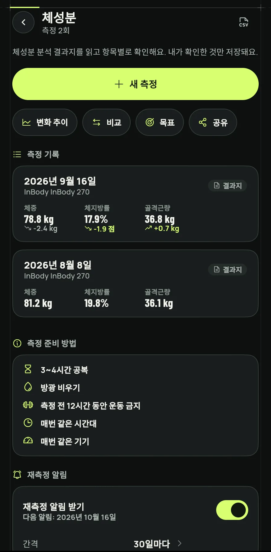 프로필 탭의 내 운동과 진행 상황에서 체성분을 탭하세요. 신체 측정 화면의 체성분 카드에도 같은 바로가기가 있어요.