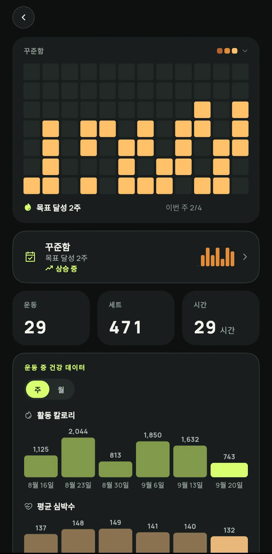하단 바에서 진행 상황을 탭한 뒤 활동량을 탭하세요. 진행 상황 화면이 꾸준함 달력으로 열려요.