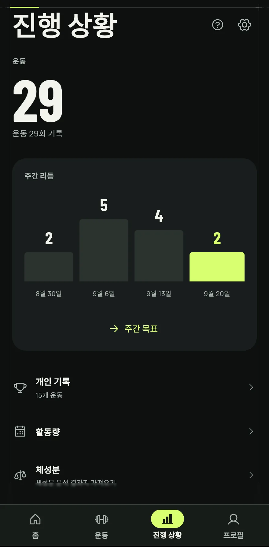 하단 바에서 진행 상황을 탭하세요. 위쪽에 기록한 운동의 합계가 나와요.