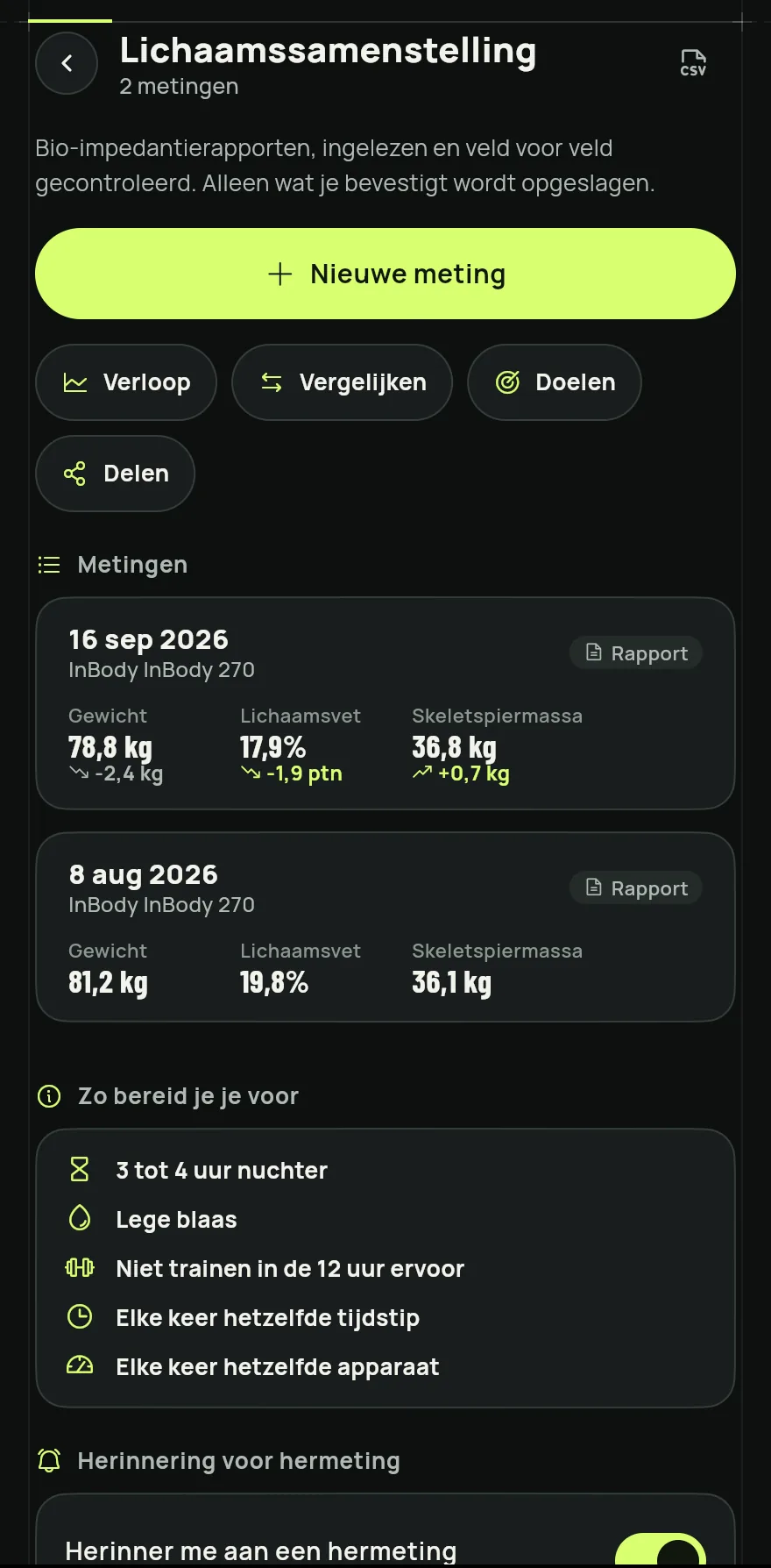 Tik op het tabblad Profiel, onder Mijn training en voortgang, op Lichaamssamenstelling. Dezelfde snelkoppeling staat op de kaart Lichaamssamenstelling van het scherm Lichaamsmaten.