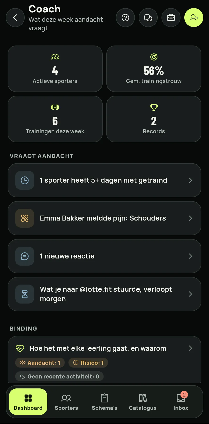 Tik op het tabblad Coach. Je opent het ook via de kaart Coachdashboard in het tabblad Profiel.