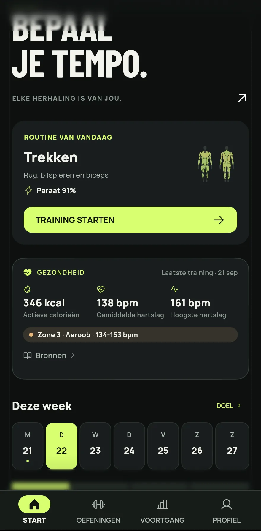 Open Gym+. Het beginscherm is het eerste tabblad in de balk onderaan.