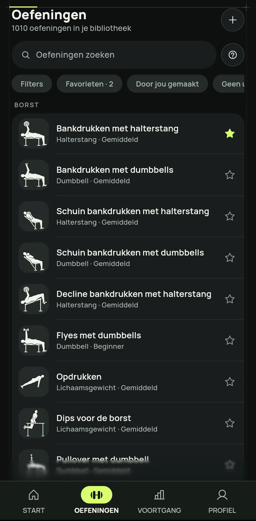 Tik in de balk onderaan op Oefeningen. Bovenaan staat hoeveel oefeningen je bibliotheek heeft.