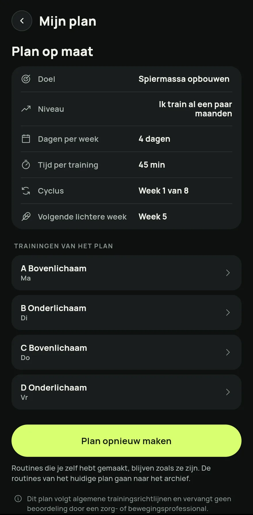 Scrol op het beginscherm naar Je routines en tik op de pijl naast de titel om het scherm Routines te openen. Tik onderaan het scherm op Plan op maat.