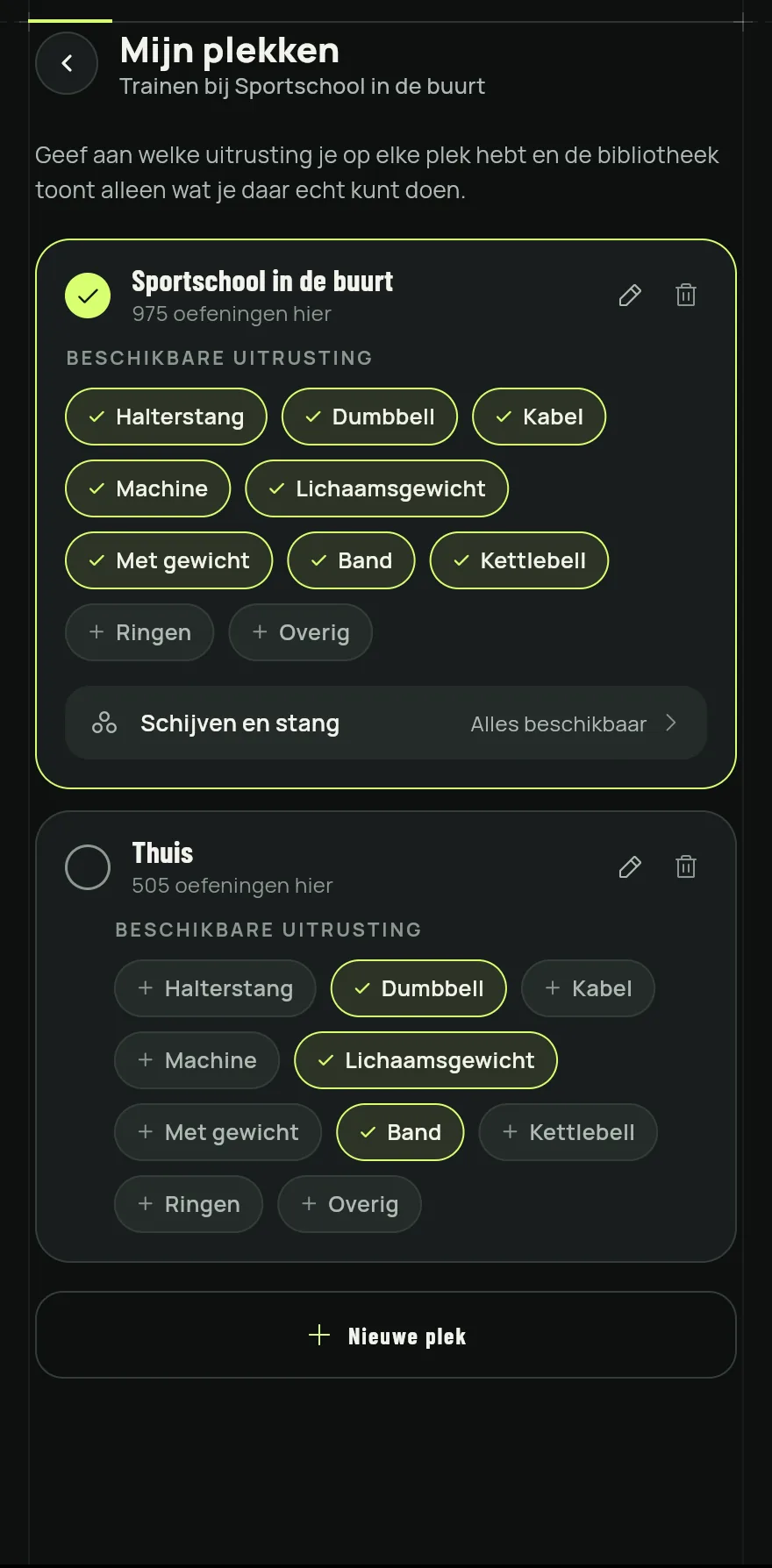 Open het tabblad Profiel, tik op Instellingen en tik in het trainingsgedeelte op Mijn plekken.
