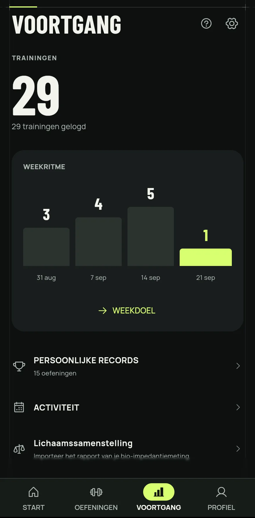Tik in de balk onderaan op Voortgang. Bovenaan staat het totaal aantal Trainingen dat je hebt vastgelegd.