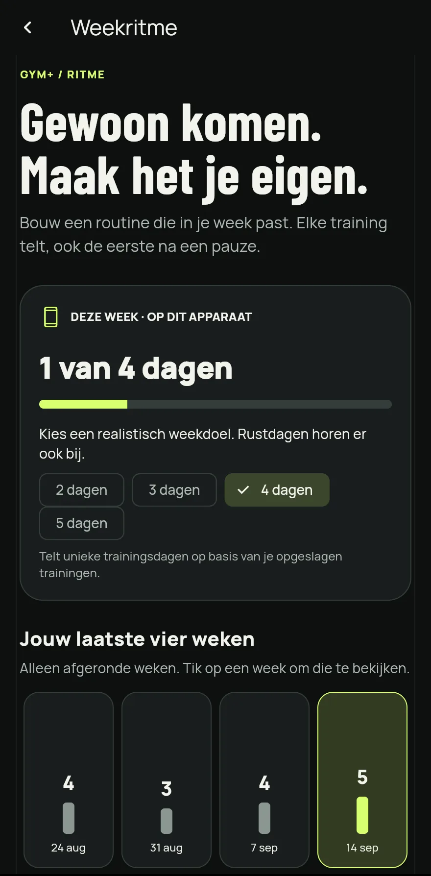 Tik verderop op Weekritme om het scherm Weekritme te openen.