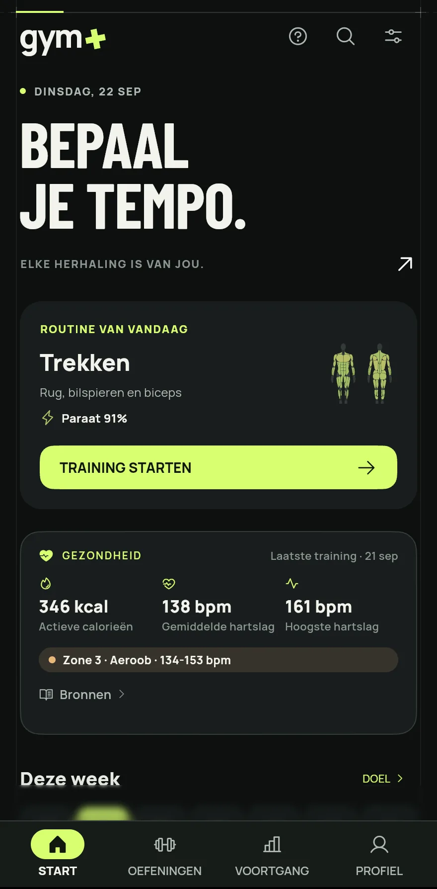 Open het beginscherm. Staat er voor vandaag een routine gepland, dan toont de kaart Routine van vandaag met de naam ervan. Staat er niets gepland, dan toont de kaart Focus van vandaag, zoals Duwdag of Beendag.