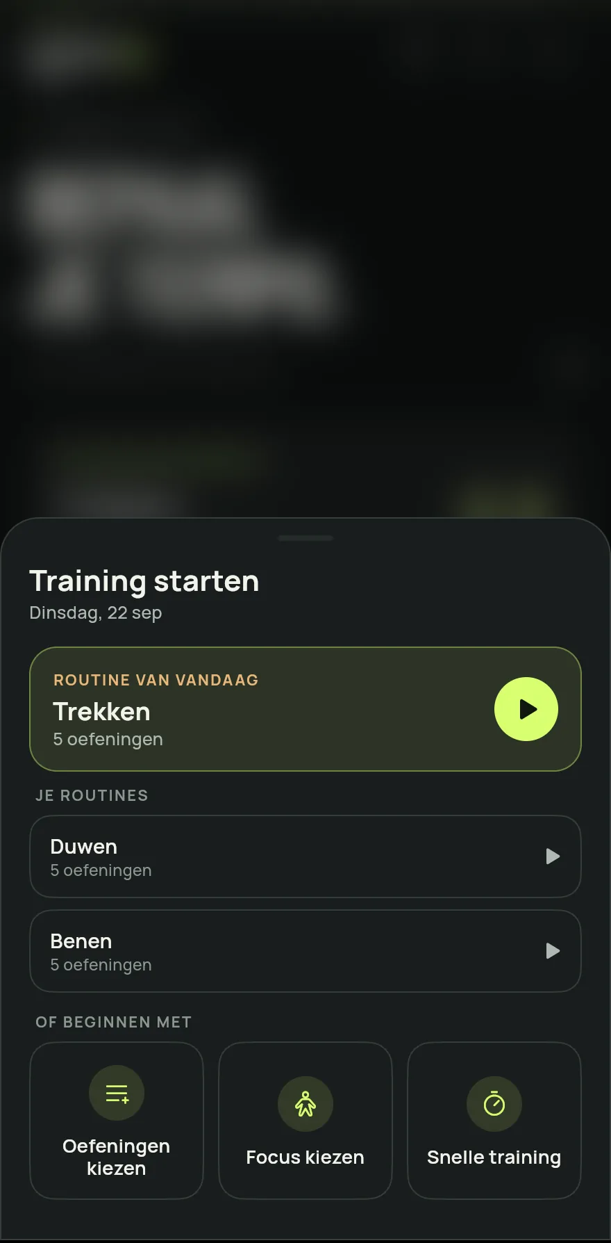 Tik op het beginscherm op Training starten.