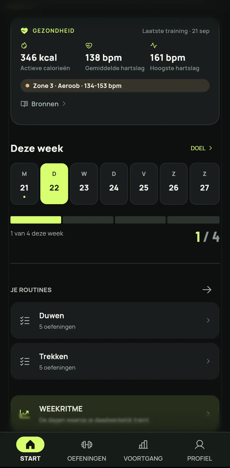 Scrol op het beginscherm naar Deze week. De balk toont op hoeveel dagen je hebt getraind en wat het doel is, bijvoorbeeld 2 van 4 deze week.