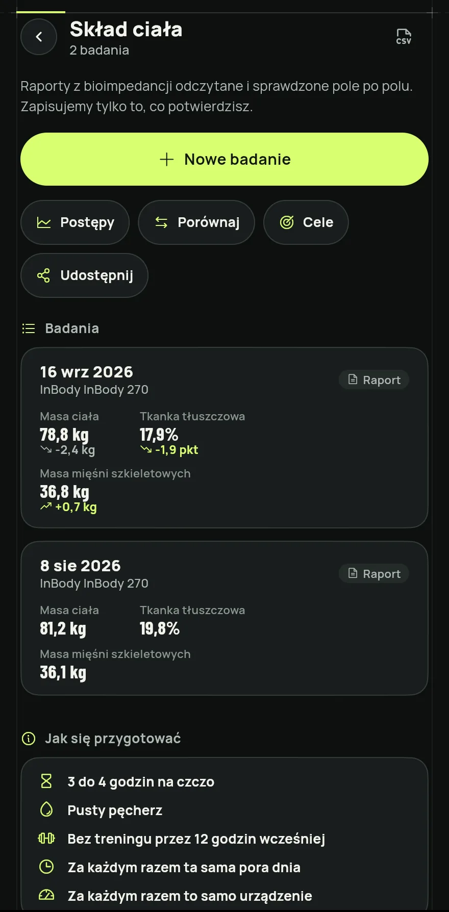 Na karcie Profil, w sekcji Mój trening i postępy, stuknij Skład ciała. Ten sam skrót jest na karcie Skład ciała na ekranie Pomiary.