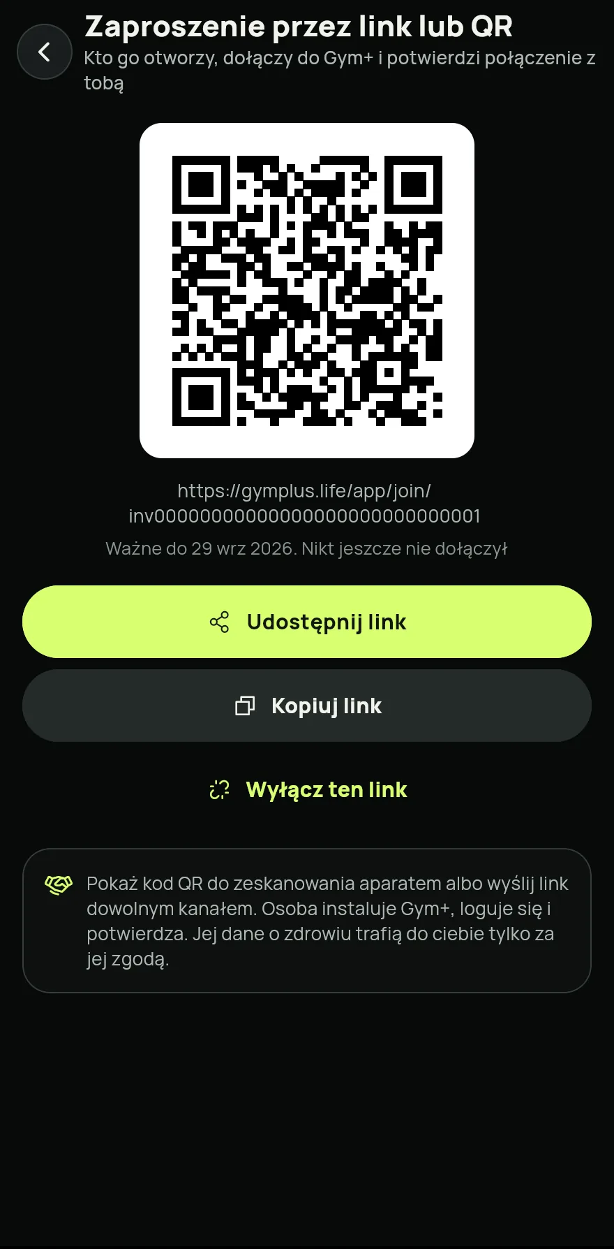 Dla osoby, która nie ma jeszcze Gym+, stuknij na tym samym ekranie Zaproś linkiem lub kodem QR. Pokaż kod QR do zeskanowania albo stuknij Udostępnij link.
