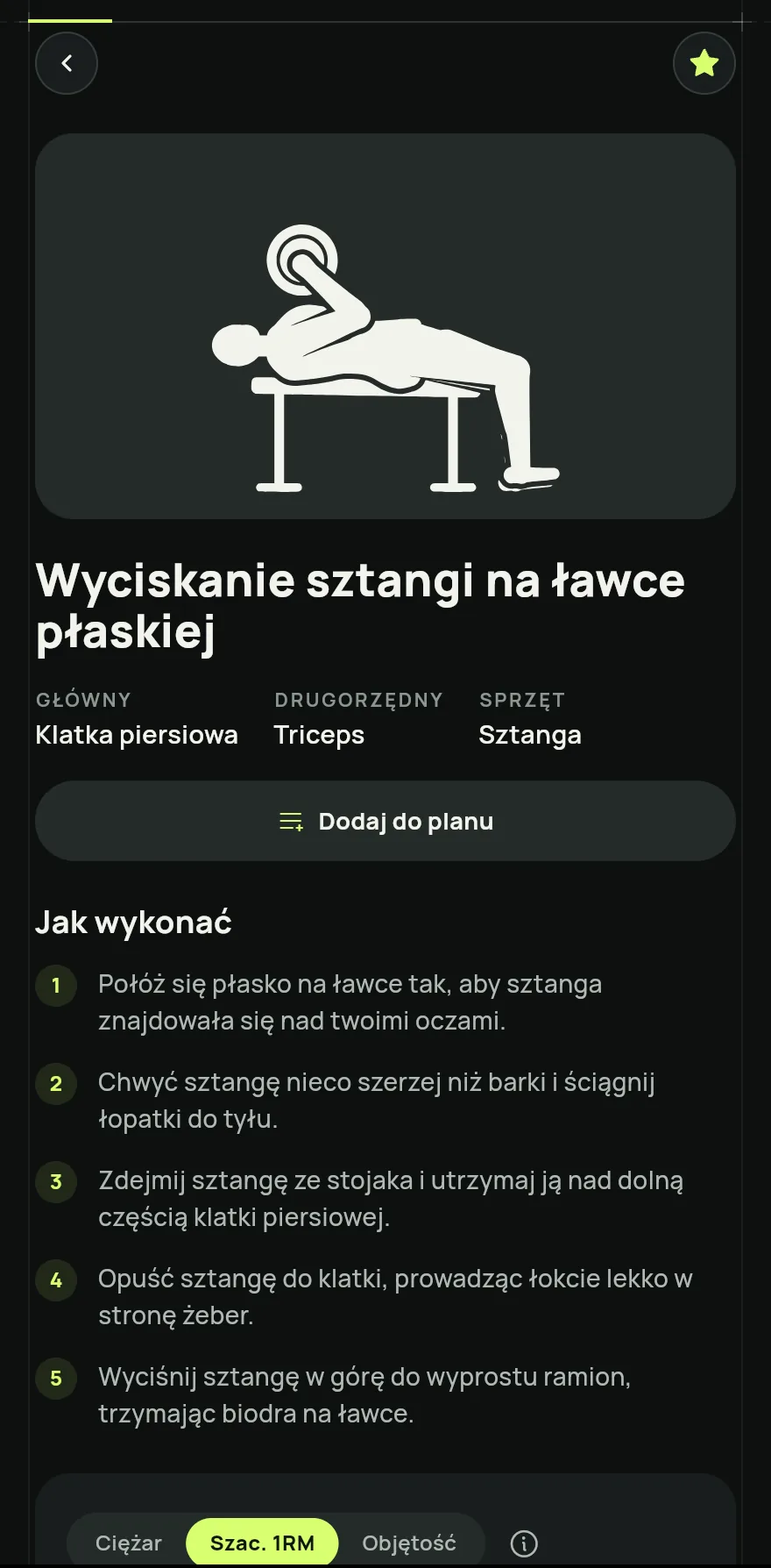 Stuknij ćwiczenie, żeby otworzyć jego stronę, z sekcjami Jak wykonać, mięśniami głównymi i pomocniczymi, sprzętem, Historia twoich treningów i Podobne.