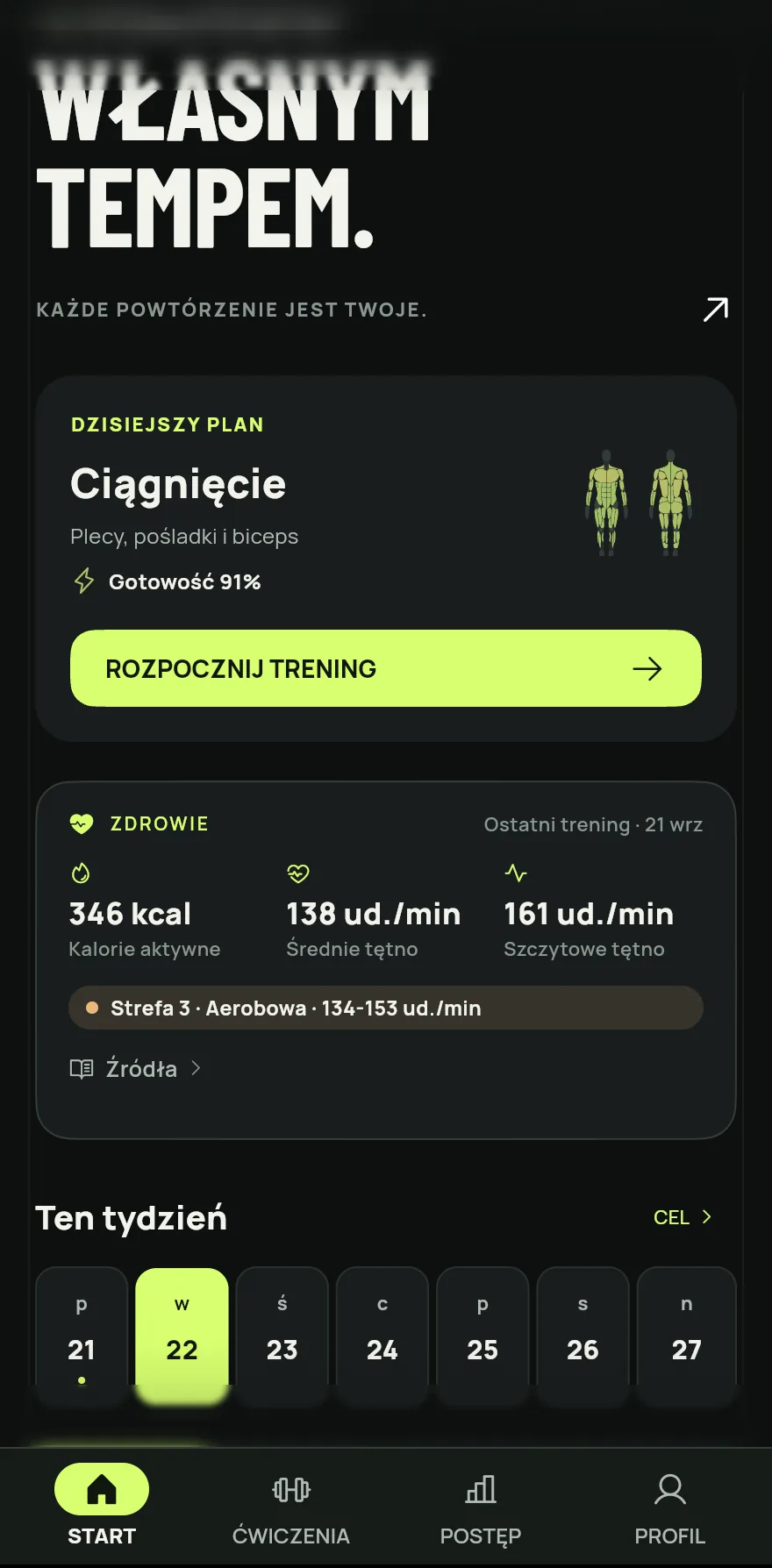 Otwórz Gym+. Ekran główny to pierwsza karta na dolnym pasku.