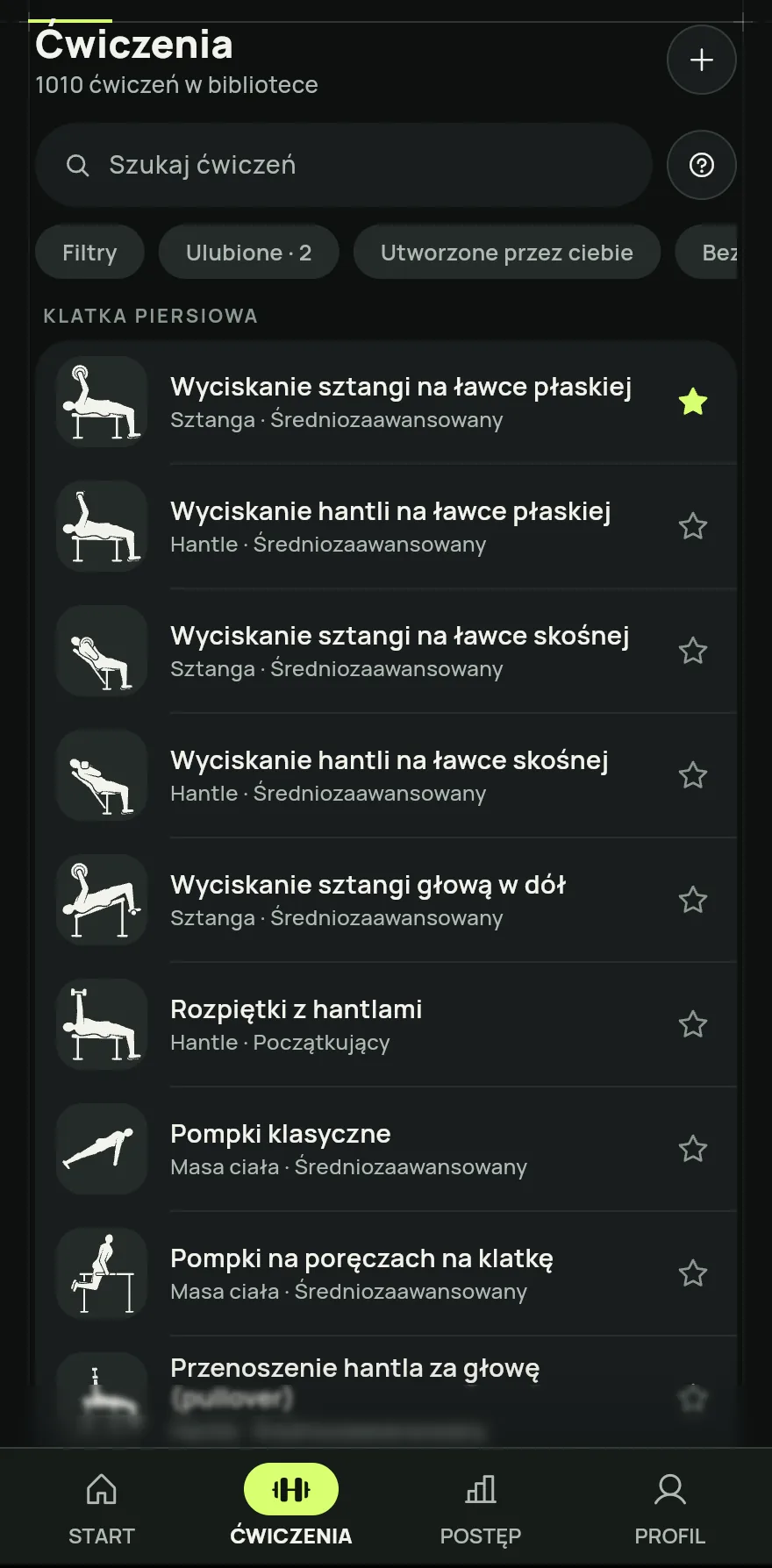 Stuknij Ćwiczenia na dolnym pasku. Na górze widać, ile ćwiczeń jest w twojej bibliotece.