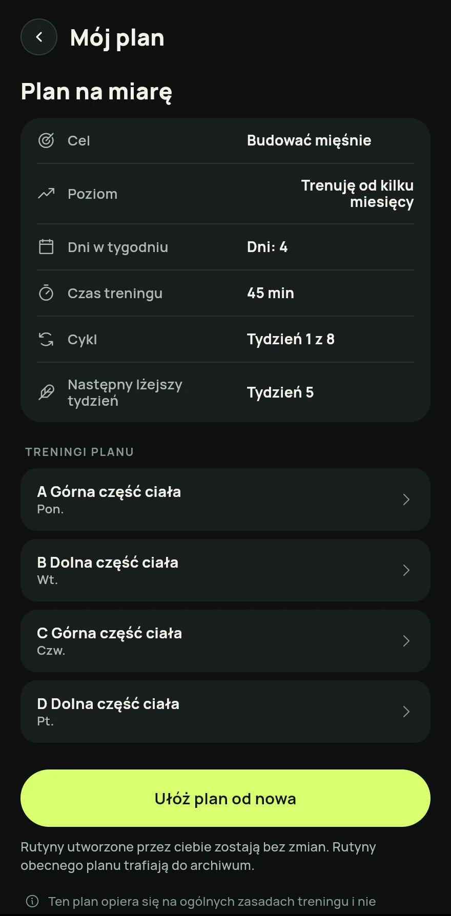 Na ekranie głównym przewiń do sekcji Twoje plany i stuknij strzałkę obok tytułu, żeby otworzyć ekran Plany. Na dole ekranu stuknij Plan na miarę.