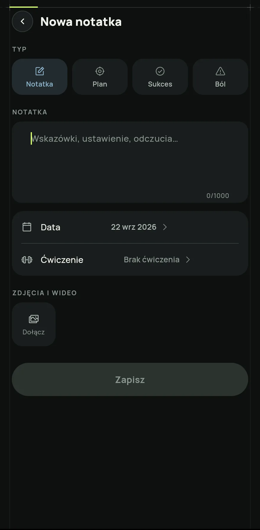 W polu Typ wybierz rodzaj notatki: Notatka, Plan, Sukces lub Ból. Potem wpisz tekst.