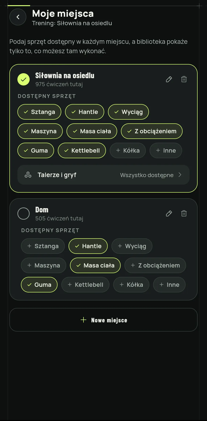Otwórz kartę Profil, stuknij Ustawienia, a w części dotyczącej treningu stuknij Moje miejsca.