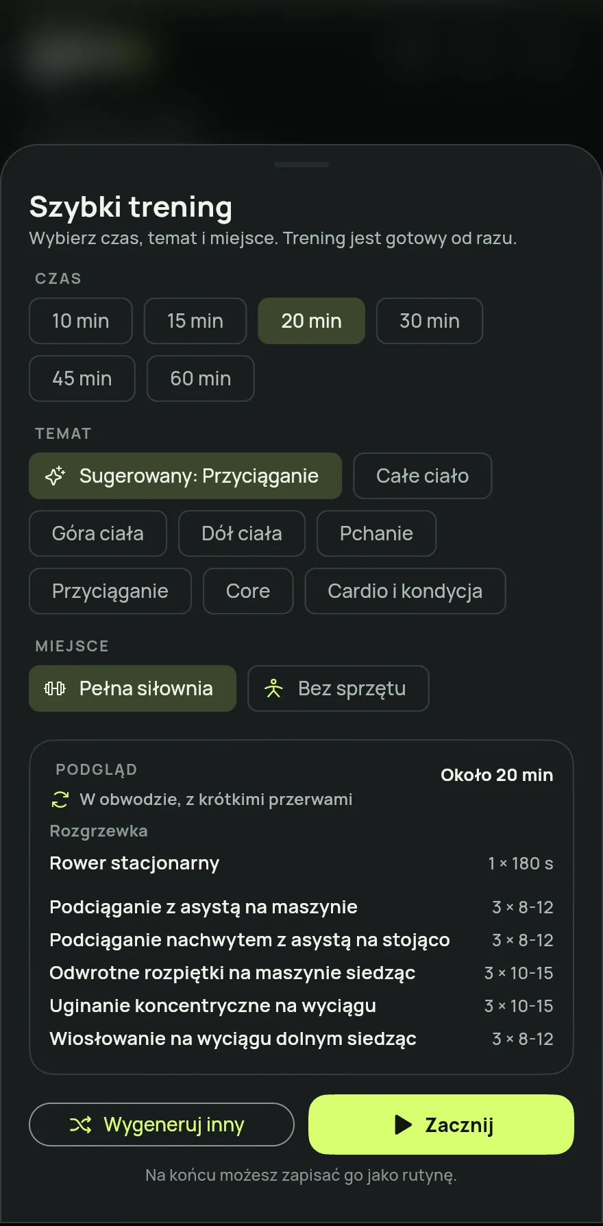 Na ekranie głównym stuknij Rozpocznij trening i wybierz Szybki trening. W dniu bez zaplanowanego planu karta dnia także pokazuje skrót Szybki trening.