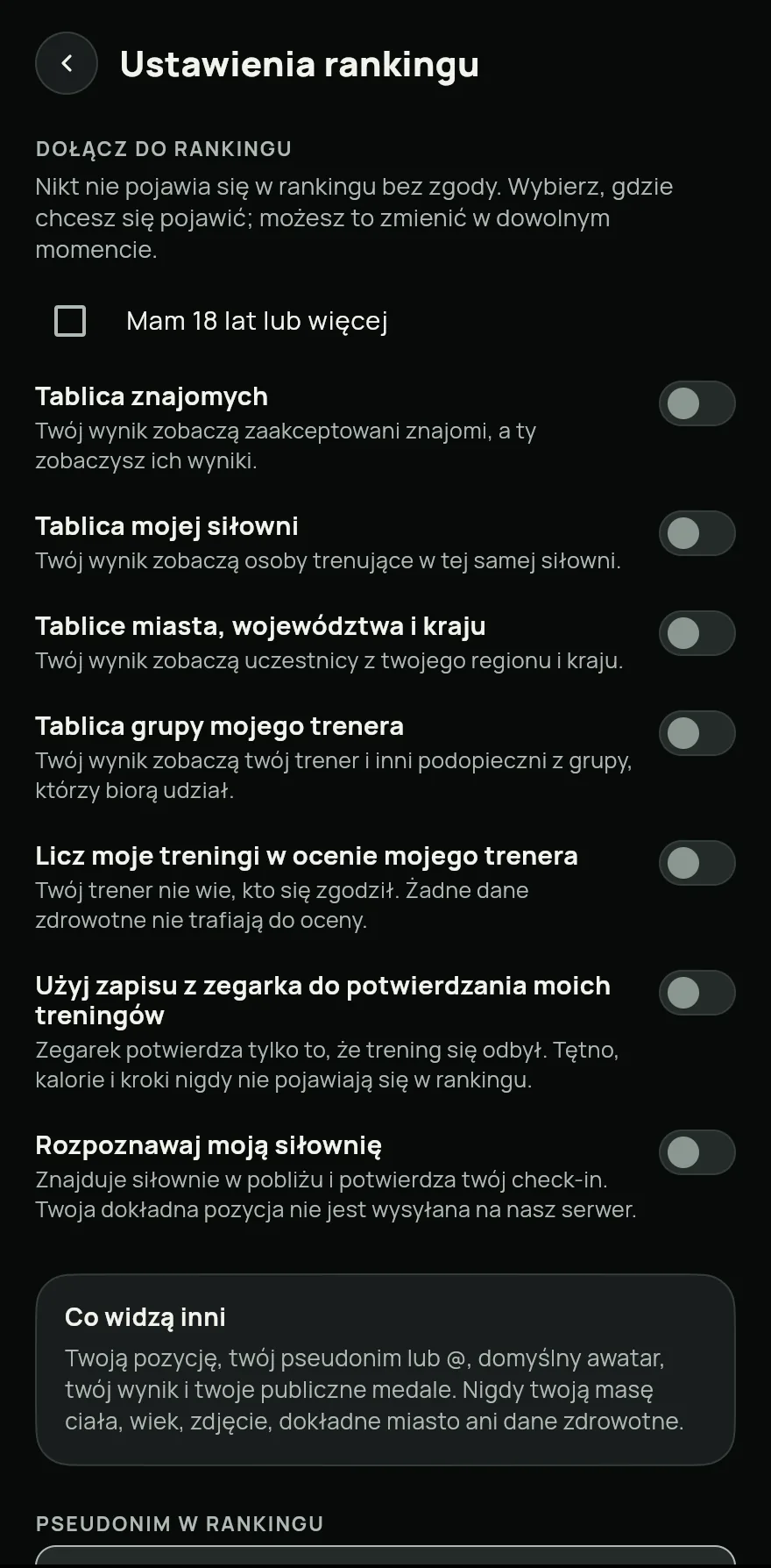 Stuknij Dołącz. W sekcji Ustawienia rankingu potwierdź Mam 18 lat lub więcej i włącz tablice, na których chcesz się pojawić: Tablica znajomych, Tablica mojej siłowni lub Tablice miasta, województwa i kraju.