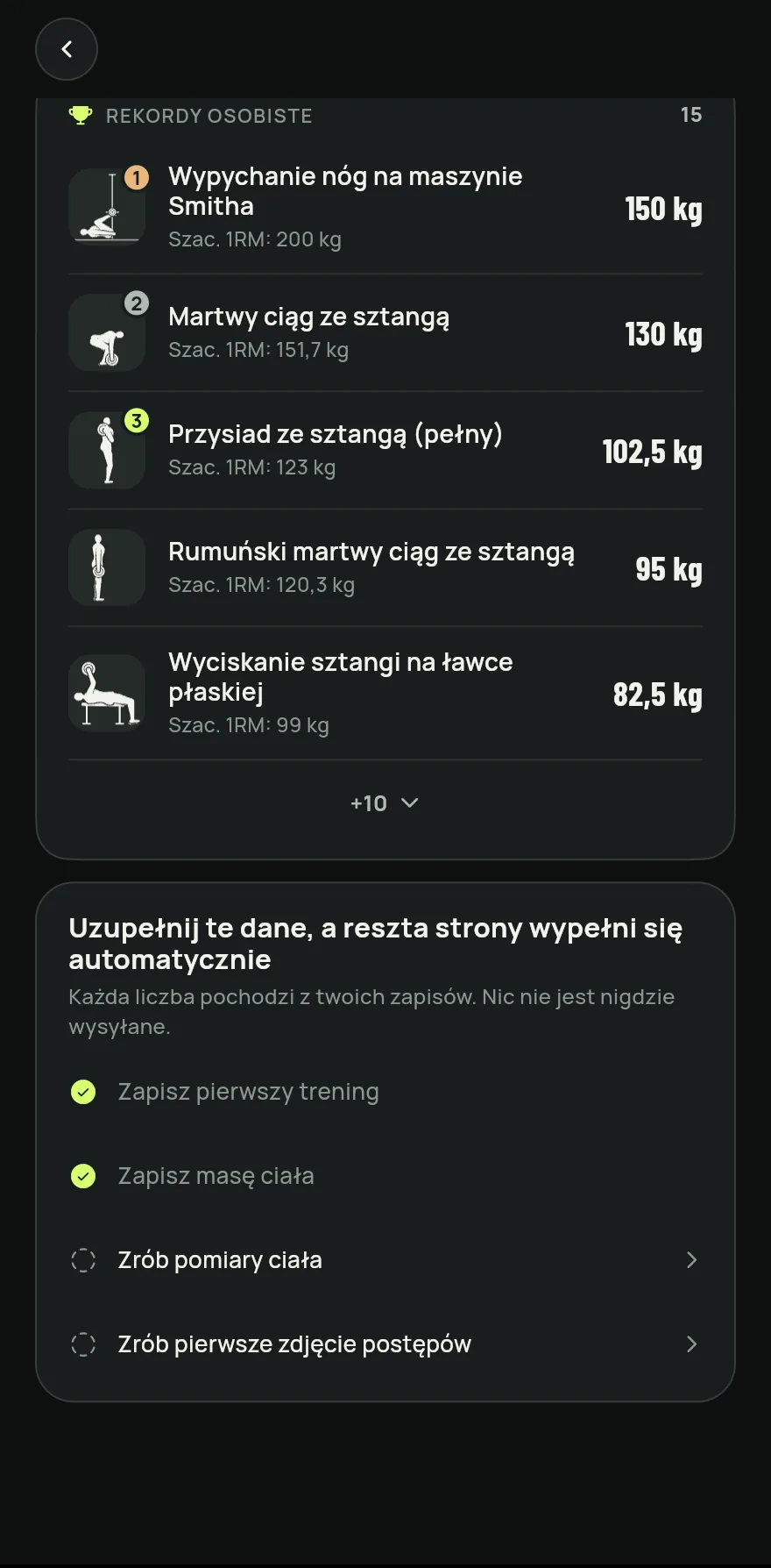 Stuknij Postęp na dolnym pasku, a potem Rekordy osobiste. Wiersz pokazuje, ile ćwiczeń ma już rekord.