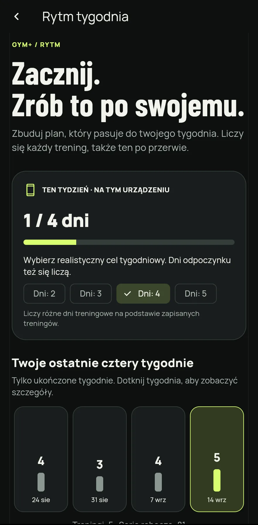 Niżej stuknij Rytm tygodnia, żeby otworzyć ekran Rytm tygodnia.