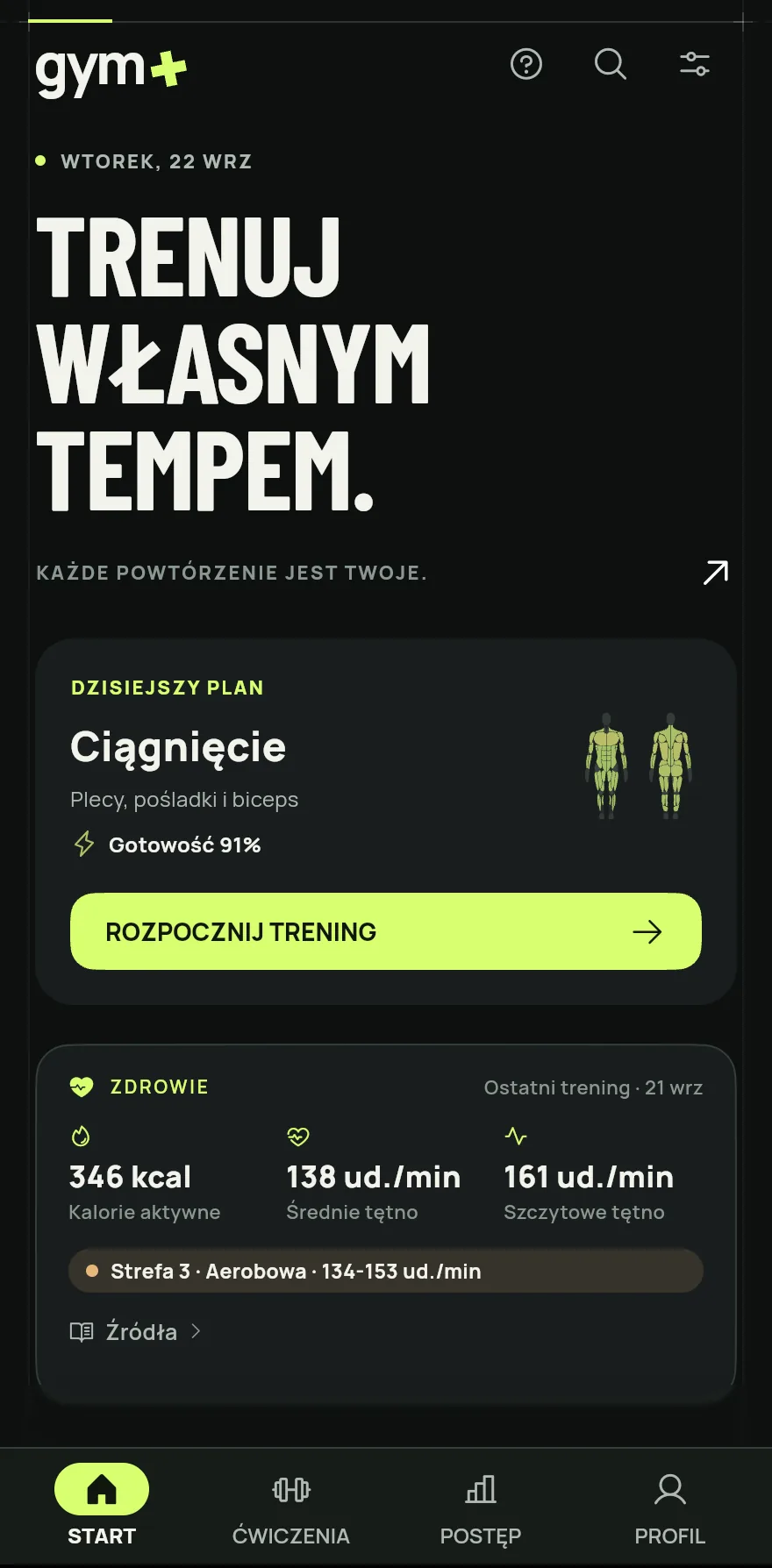 Otwórz ekran główny. Gdy na dziś zaplanowany jest plan, karta pokazuje Dzisiejszy plan z jego nazwą. Gdy nic nie jest zaplanowane, pokazuje Dzisiejszy cel, na przykład Dzień pchania lub Dzień nóg.
