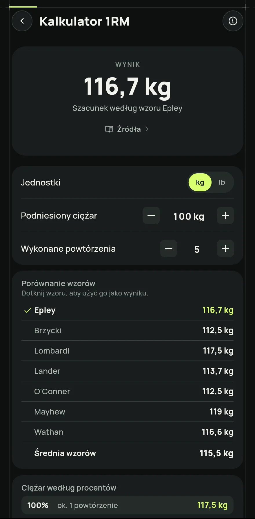 Zmieniaj wartości przyciskami minus i plus albo stuknij liczbę, żeby ją wpisać. Wynik zmienia się od razu.