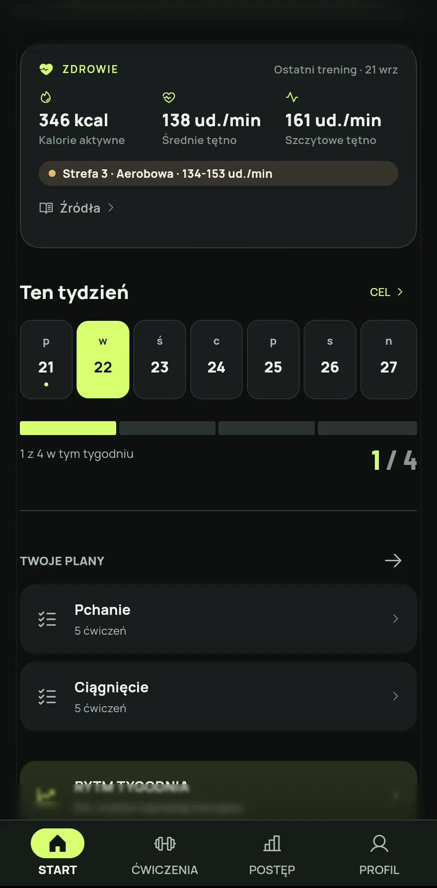 Na ekranie głównym przewiń do sekcji Ten tydzień. Pasek pokazuje, ile dni trenowałeś i jaki jest cel, na przykład 2 z 4 w tym tygodniu.
