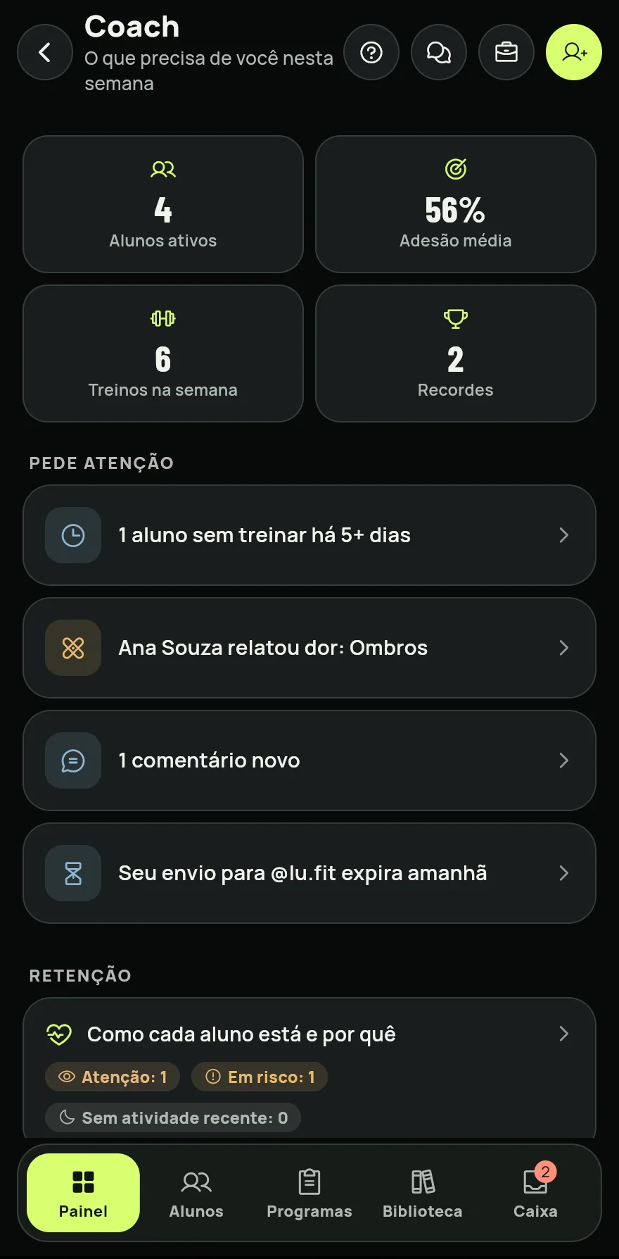 Painel da área do coach: os números de alunos ativos, adesão e treinos na semana, os alertas de quem está sem treinar ou relatou dor e as abas Painel, Alunos, Programas, Biblioteca e Caixa.