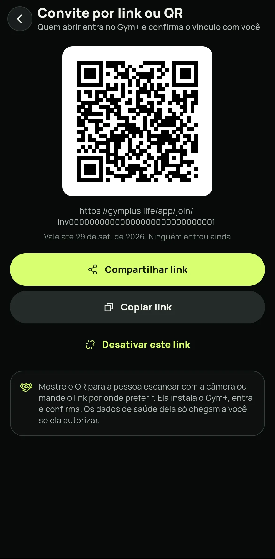 Tela Convite por link ou QR: o código QR do convite e os botões Compartilhar link, Copiar link e Desativar este link.