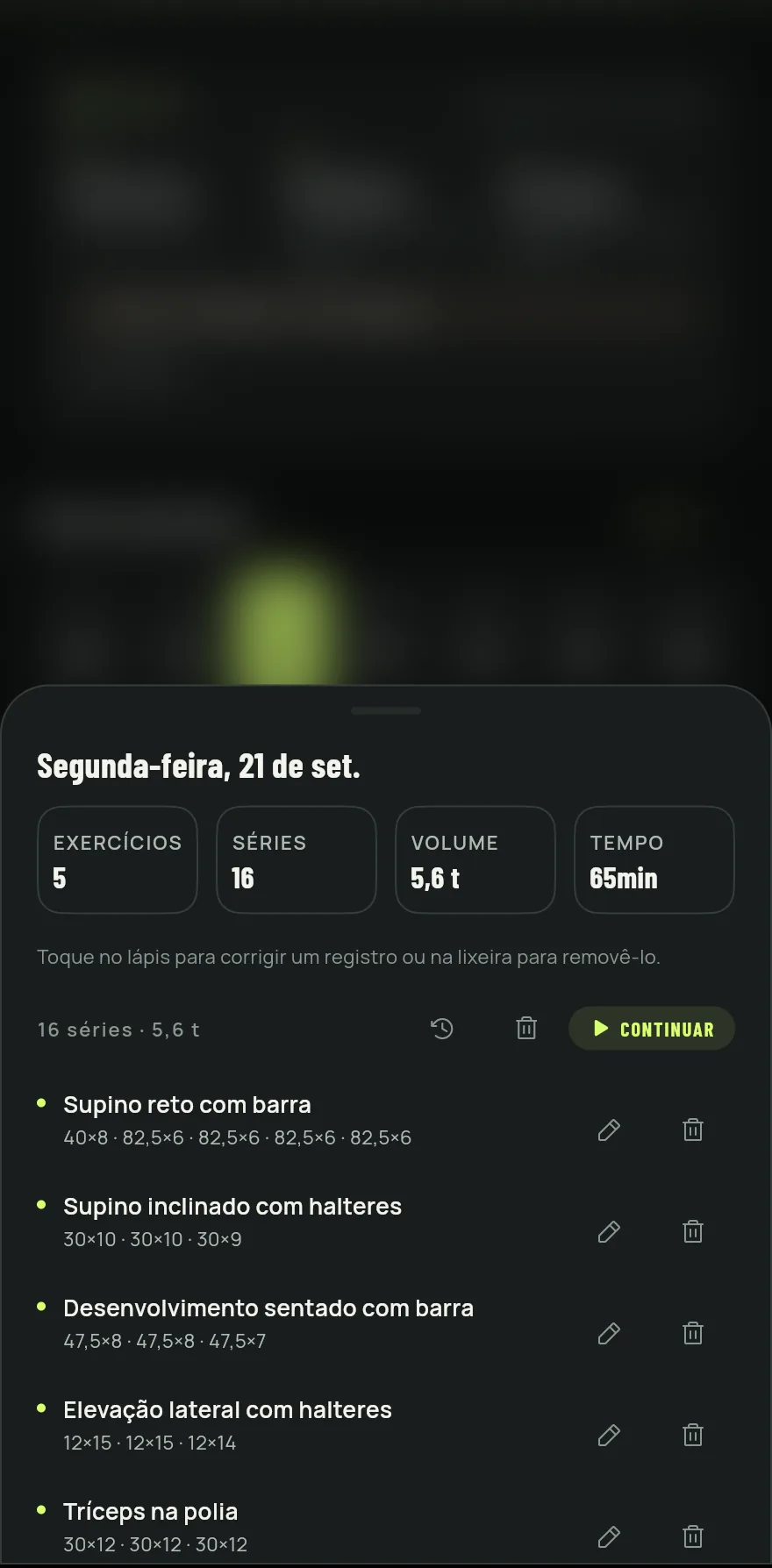 Folha do dia, aberta pela faixa Esta semana num dia treinado: o treino do dia com os botões Editar horário, Excluir treino e Continuar, e a lista de exercícios com editar e excluir em cada um.