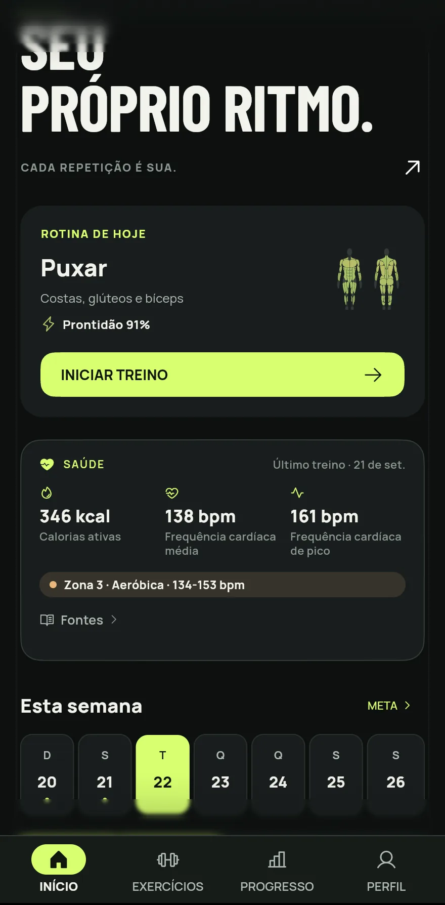 Aba Início do Gym+ com o cartão Rotina de hoje (Puxar, com o botão Iniciar treino), o resumo de saúde do último treino e a faixa Esta semana com os dias de domingo a sábado, terça-feira em destaque.