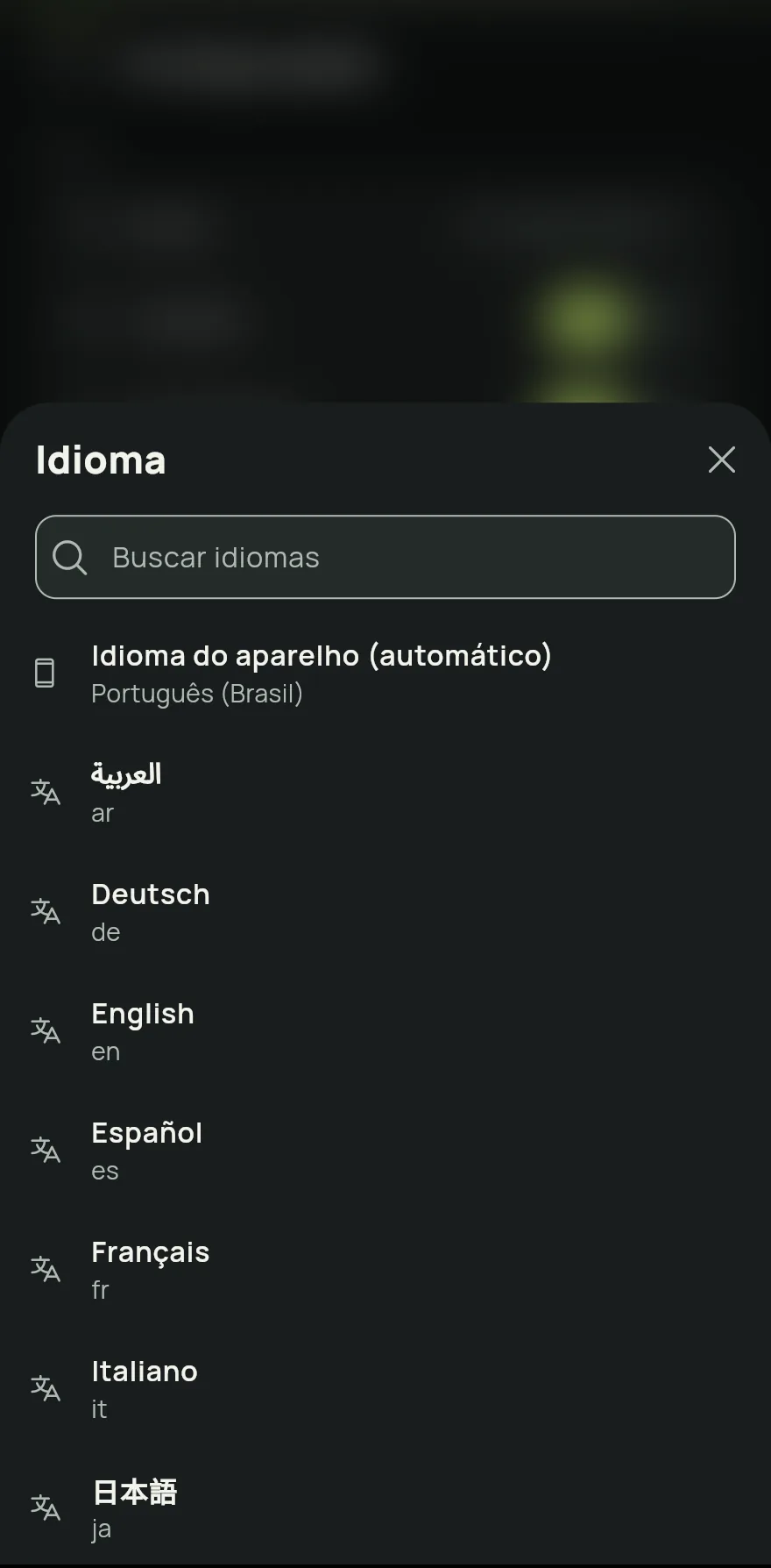 Folha de idioma: a opção Idioma do aparelho (automático) no topo e a lista dos idiomas do app, cada um com o nome no próprio idioma.