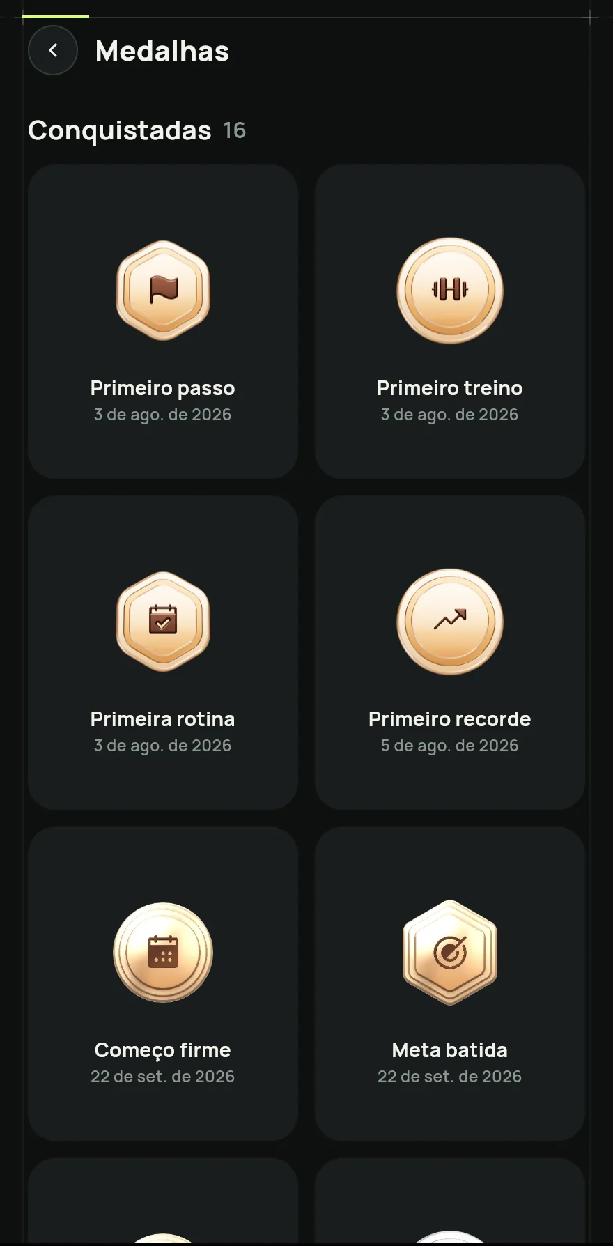 Tela Medalhas com as medalhas conquistadas em grade, cada uma com o nome e a data em que foi ganha.
