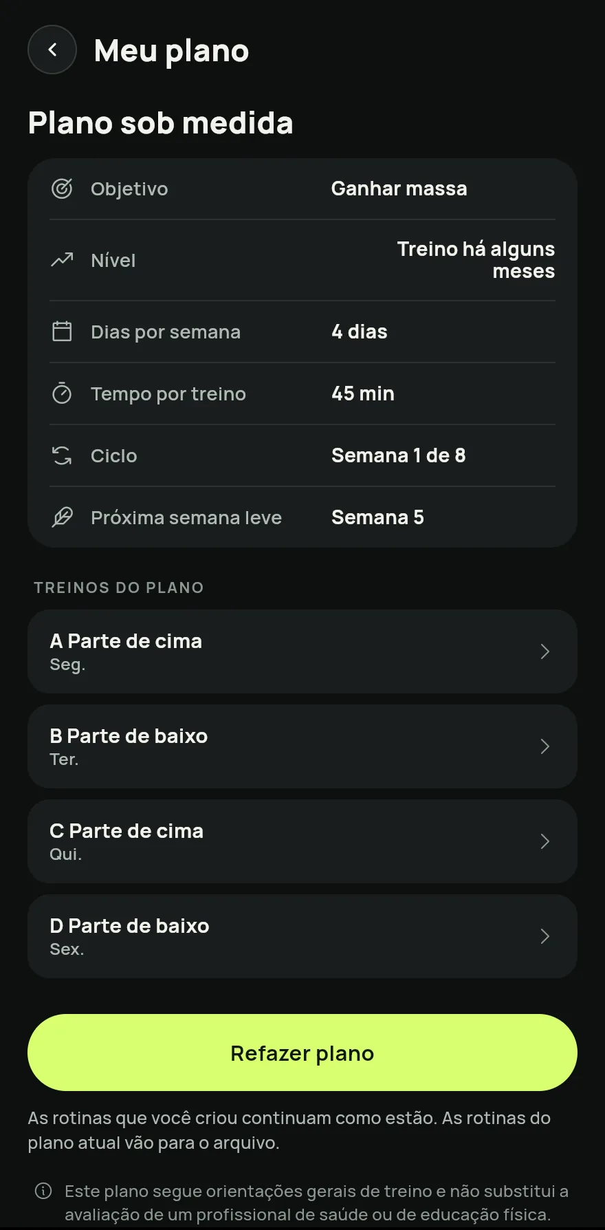 Tela Meu plano com um plano aplicado: o resumo com objetivo, nível e ciclo, os treinos do plano (A, B, C e D) com os dias da semana e o botão Refazer plano.