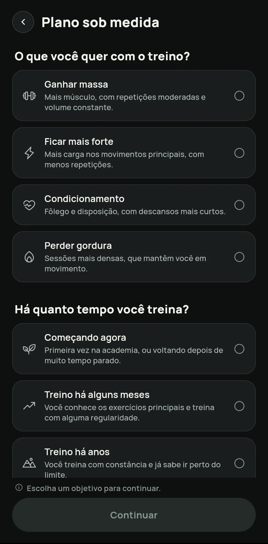 Perguntas do plano sob medida: o objetivo (ganhar massa, ficar mais forte, saúde e condicionamento), o nível de experiência e, abaixo, os dias por semana e o tempo por treino.
