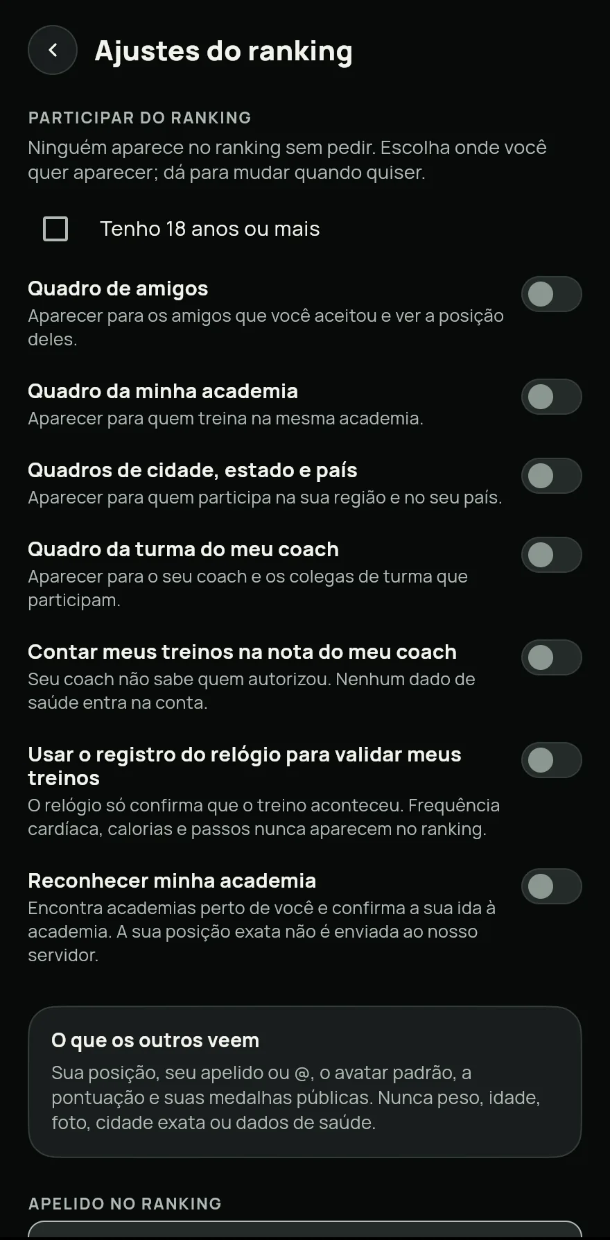 Tela Ajustes do ranking: a confirmação de idade e os interruptores de cada quadro (amigos, academia, cidade, estado e país, turma do coach) e de reconhecer a academia.