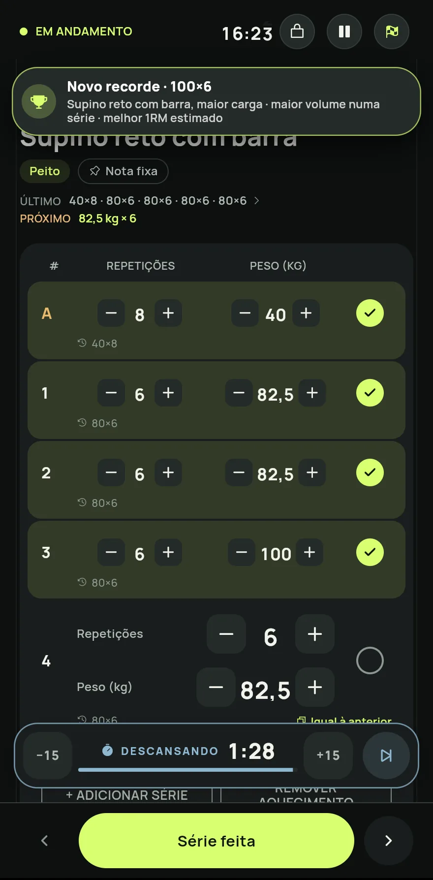 Treino em andamento logo depois de uma série de 100 kg no supino reto: o aviso Novo recorde no topo da tela, com o exercício e o tipo de recorde.