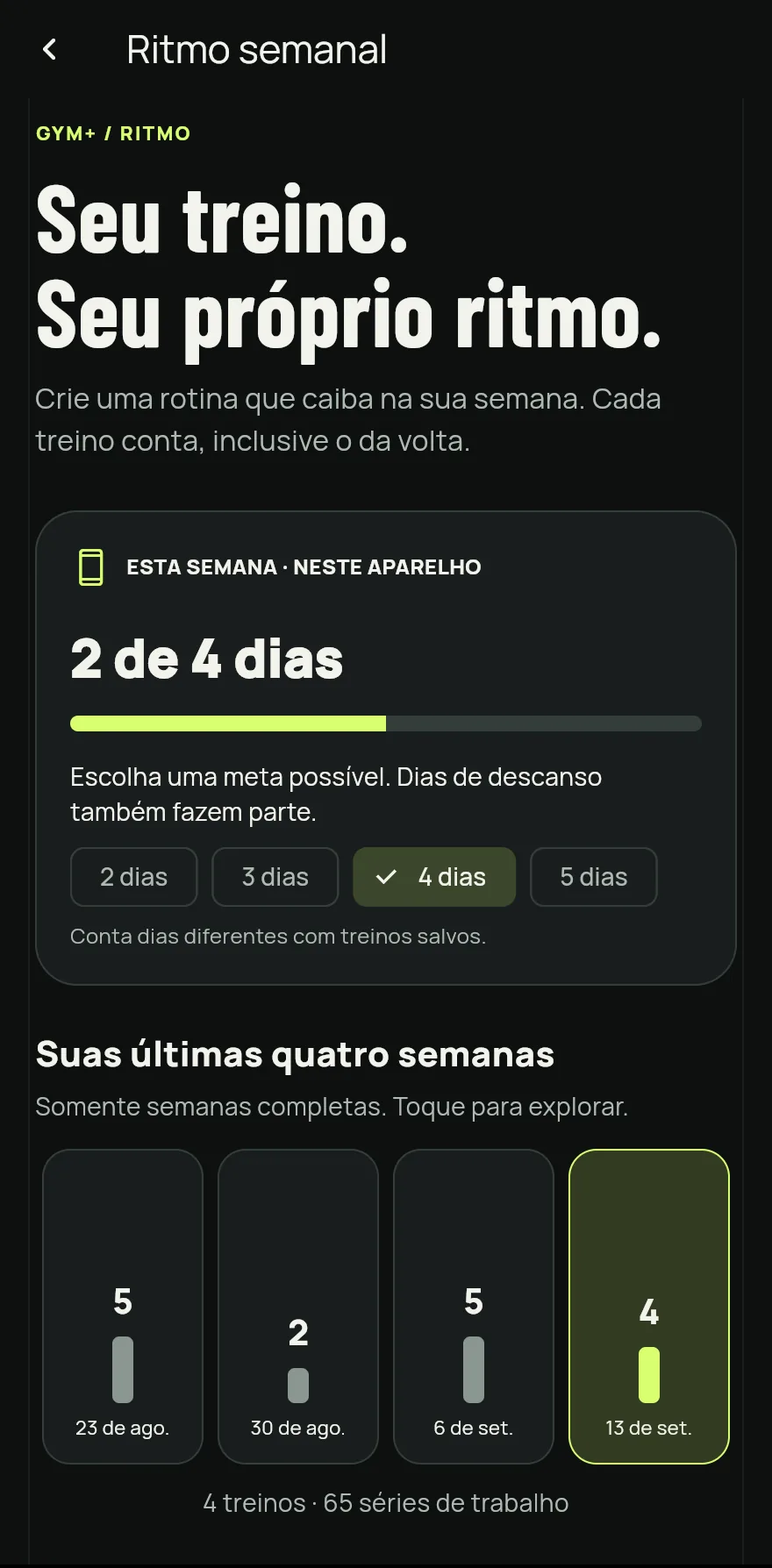 Tela Ritmo semanal: as opções de 2, 3, 4 e 5 dias por semana e as barras das últimas quatro semanas com quantos dias de treino houve em cada uma.