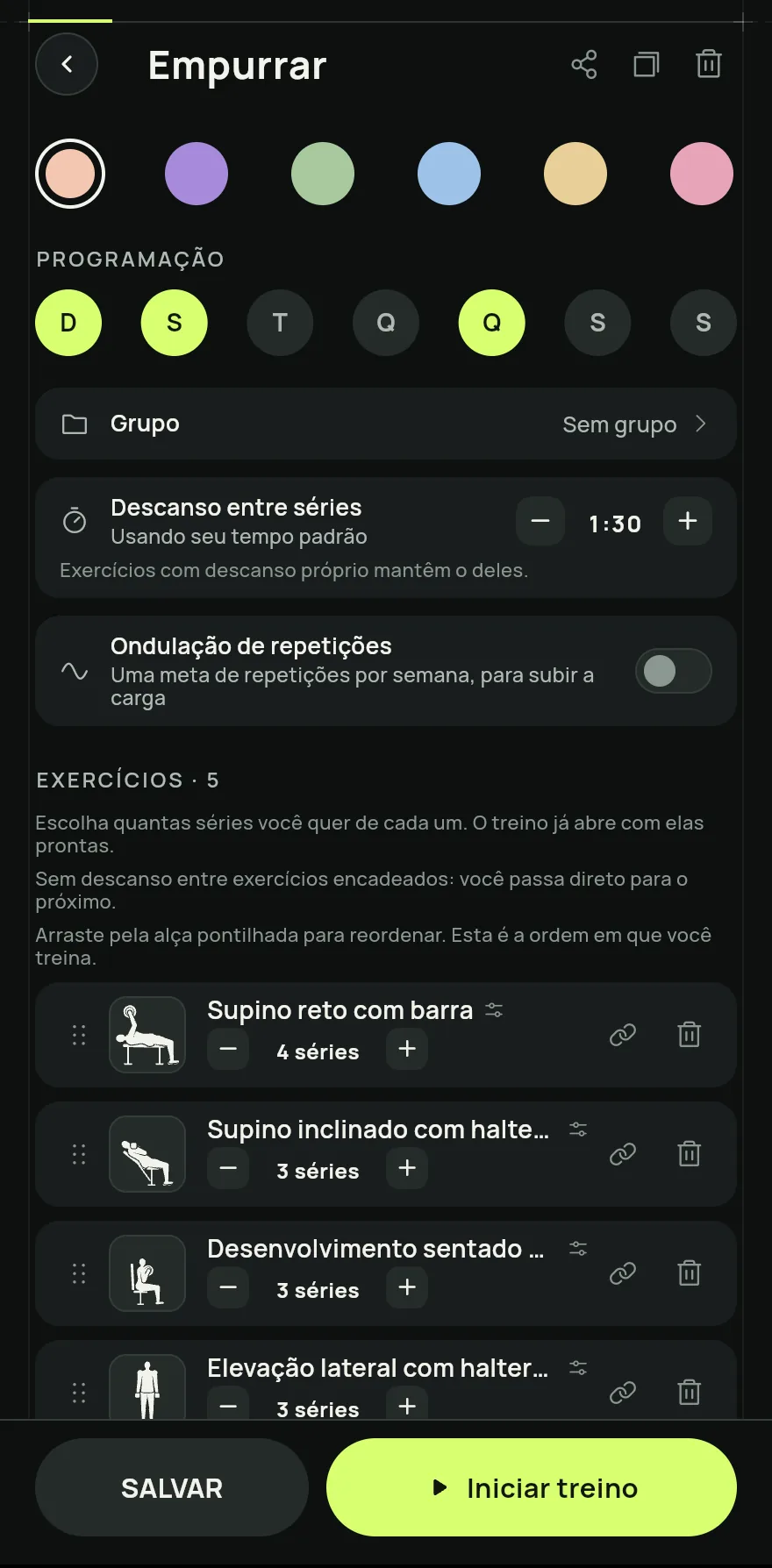 Edição da rotina Empurrar: cor da rotina, dias da programação, descanso entre séries e a lista de exercícios com o número de séries de cada um, mais os botões Salvar e Iniciar treino no rodapé.