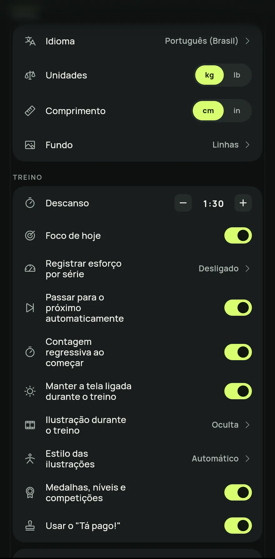Grupo Treino das Configurações: o controle Descanso com menos, o tempo (1:30) e mais, seguido das opções do treino, como passar para o próximo automaticamente.