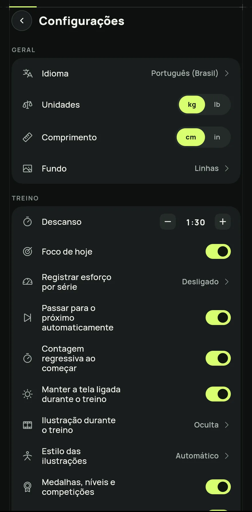 Topo das Configurações, grupo Geral: Idioma, as unidades de peso (kg ou lb) e de comprimento (cm ou in) e o fundo da tela.