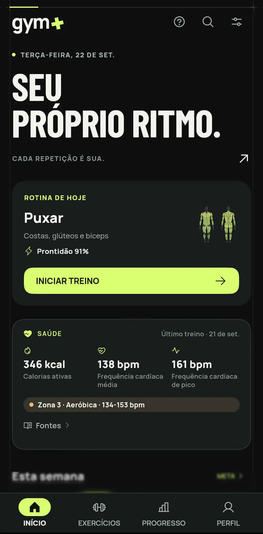 Topo da aba Início com o cartão Rotina de hoje: o nome da rotina do dia, o mapa do corpo com a recuperação dos músculos e o botão Iniciar treino.
