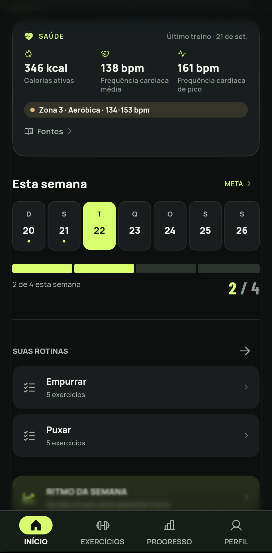 Seção Esta semana da tela inicial: os dias de domingo a sábado com os treinos feitos marcados, a barra de segmentos da meta, o texto 2 de 4 esta semana e o botão Meta.