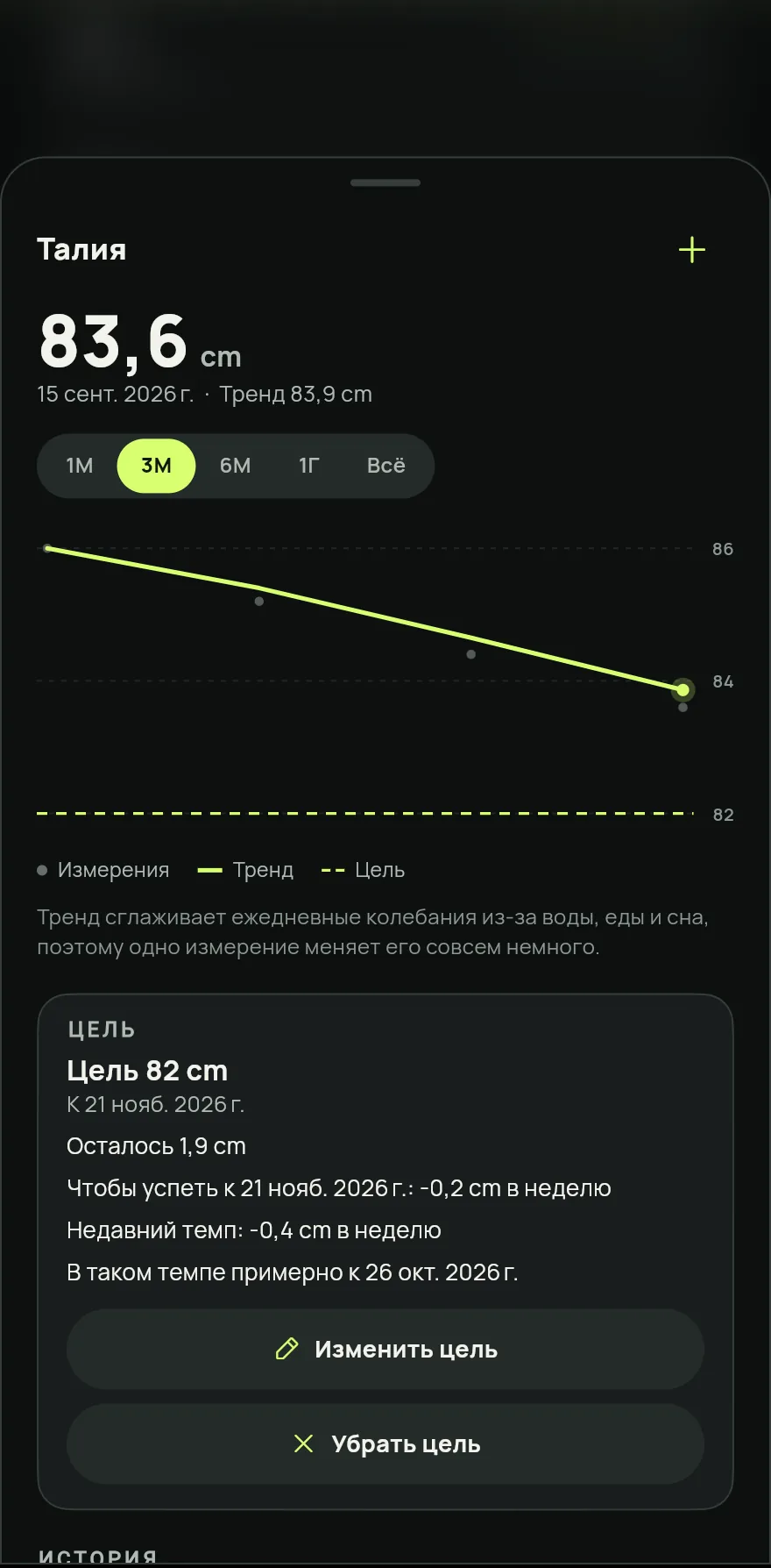 Нажми + рядом с названием замера, введи значение, проверь дату и нажми Сохранить.