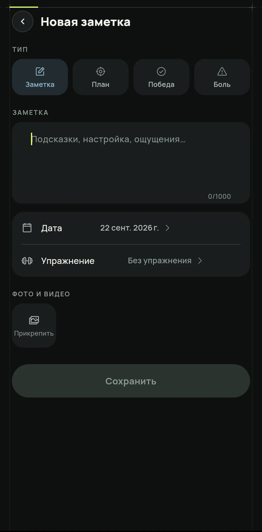Выбери Тип заметки: Заметка, План, Победа или Боль. Затем напиши текст.