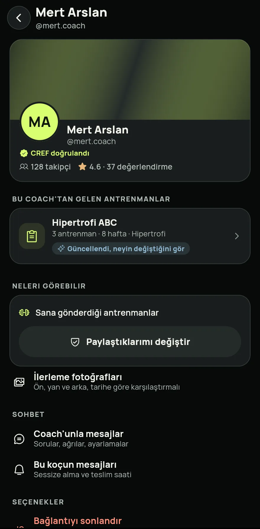 Koç senin @ adına zaten bir antrenman gönderdiyse antrenman hemen gelir ve koçun neleri görebileceğini seçtiğin ekran açılır. Sağlık verileri ve ilerleme fotoğrafları gibi paylaşmak istediklerini aç ve Tercihleri kaydet düğmesine dokun. Antrenmanlarının ötesinde hiçbir şey paylaşmamak için Yalnızca gönderdiği antrenmanları paylaş seçeneğine dokun.